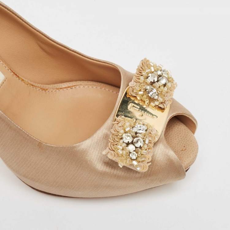 Pre Owned Salvatore Ferragamo Gold Satin Selaby Peep Toe Pumps Size 37