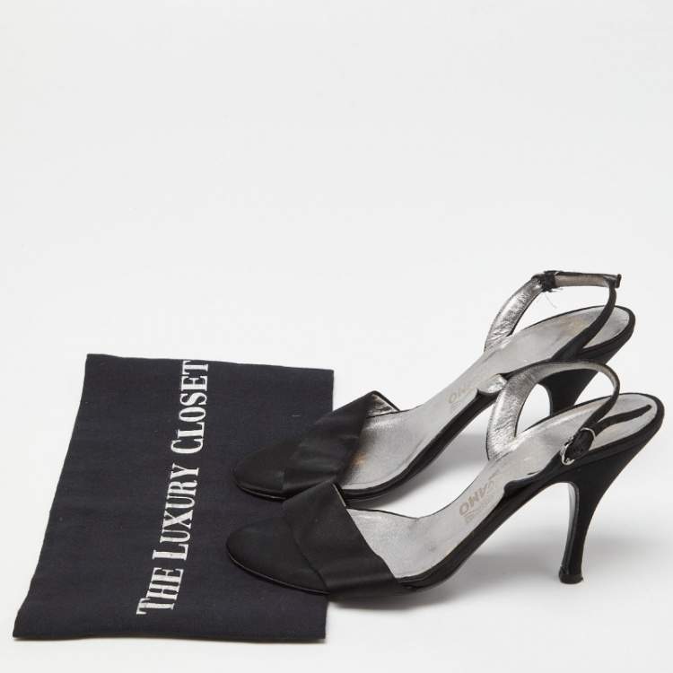 Pre Owned Salvatore Ferragamo Black  Satin Ankle Strap Sandals Size 38.5