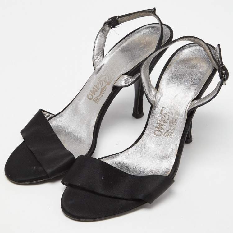 Pre Owned Salvatore Ferragamo Black  Satin Ankle Strap Sandals Size 38.5