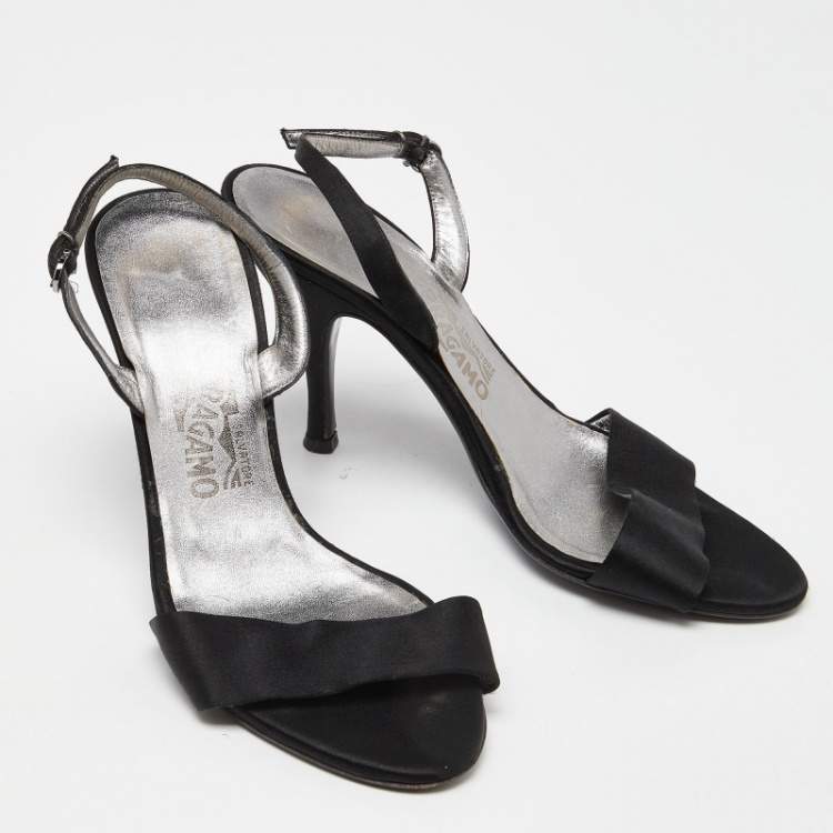 Pre Owned Salvatore Ferragamo Black  Satin Ankle Strap Sandals Size 38.5