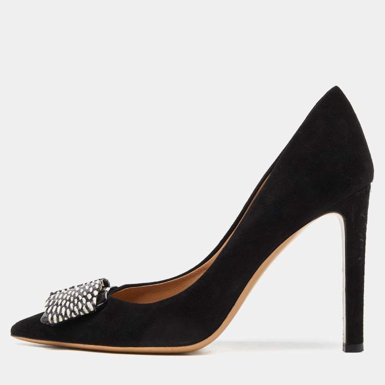 Pre Owned Salvatore Ferragamo Black Suede and Watersnake Leather Ponted Toe Pumps Size 39.5
