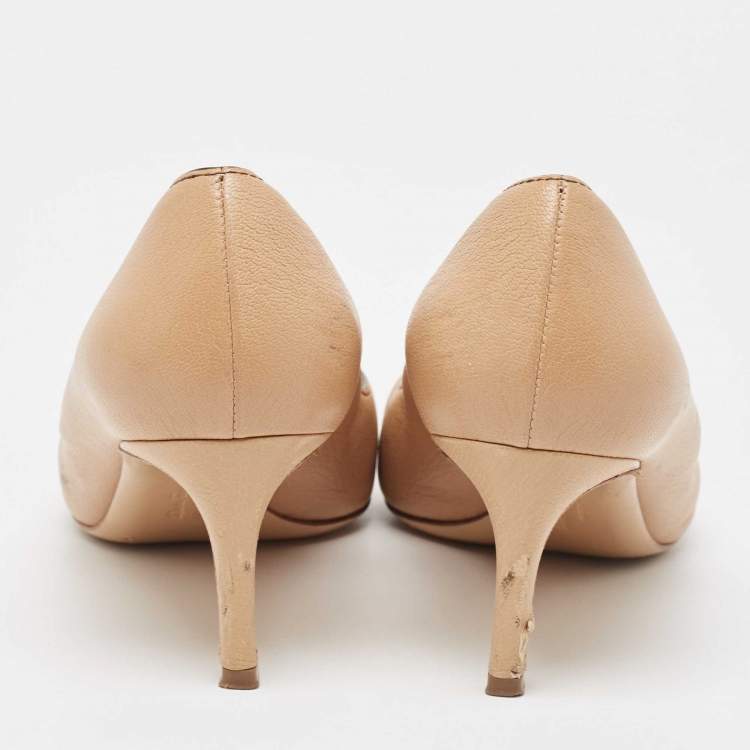 Pre Owned Salvatore Ferragamo Beige Leather Double Bow Pumps Size 39.5