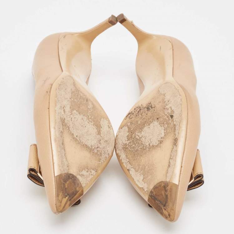 Pre Owned Salvatore Ferragamo Beige Leather Double Bow Pumps Size 39.5