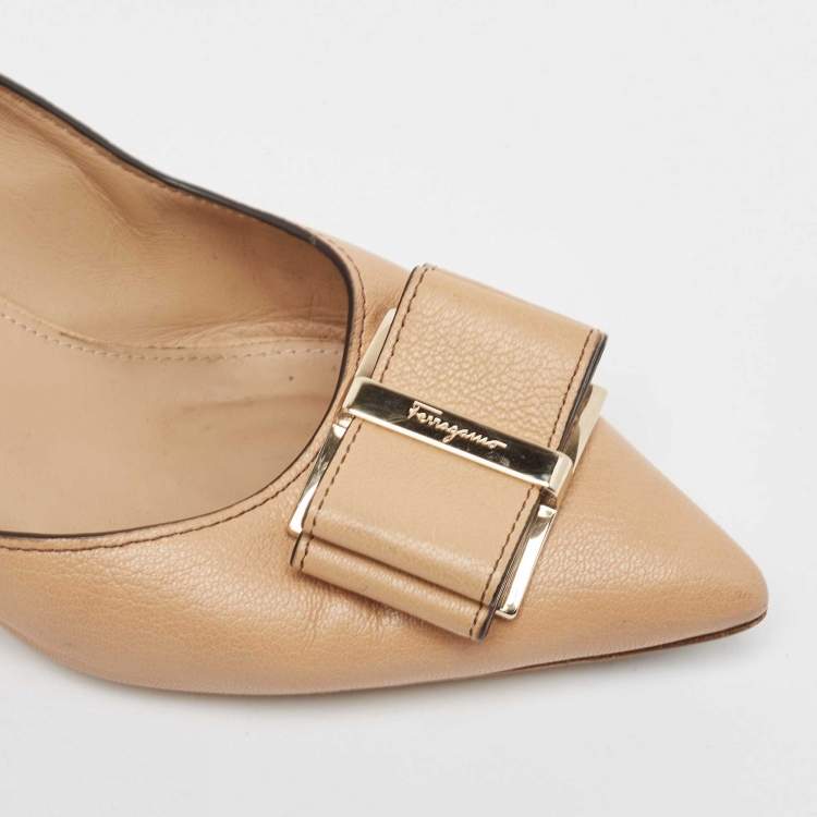 Pre Owned Salvatore Ferragamo Beige Leather Double Bow Pumps Size 39.5