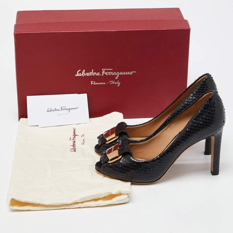 Pre Owned Salvatore Ferragamo Black Snakeskin Embossed Leather Logo Fringed Peep Toe Pumps Size 37