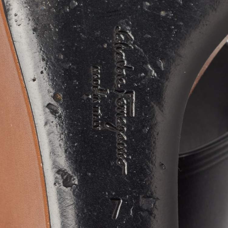 Pre Owned Salvatore Ferragamo Black Leather Wedge Sandals Size 37.5