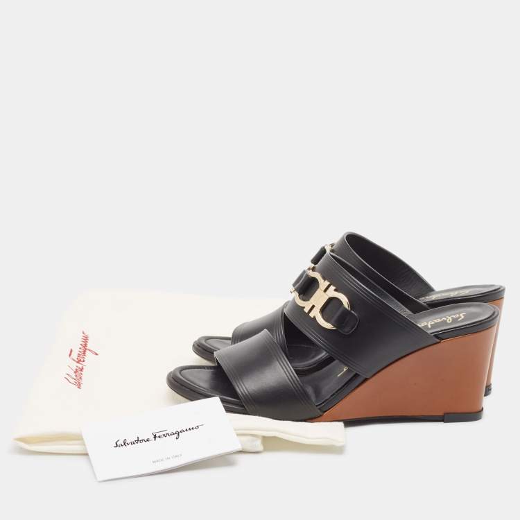 Pre Owned Salvatore Ferragamo Black Leather Wedge Sandals Size 37.5
