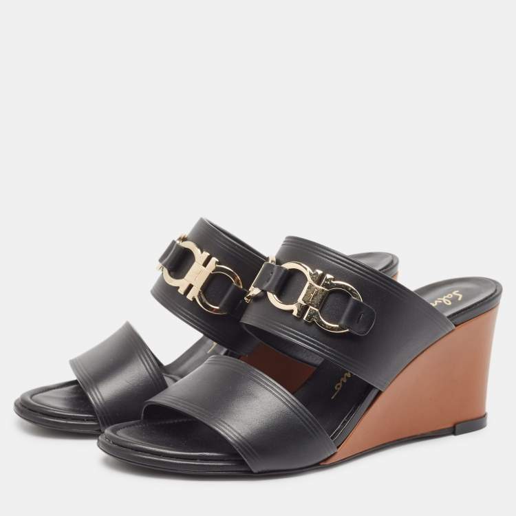 Pre Owned Salvatore Ferragamo Black Leather Wedge Sandals Size 37.5