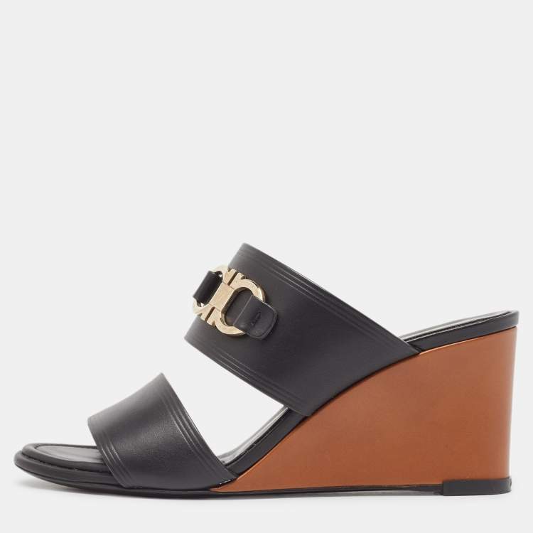 Pre Owned Salvatore Ferragamo Black Leather Wedge Sandals Size 37.5