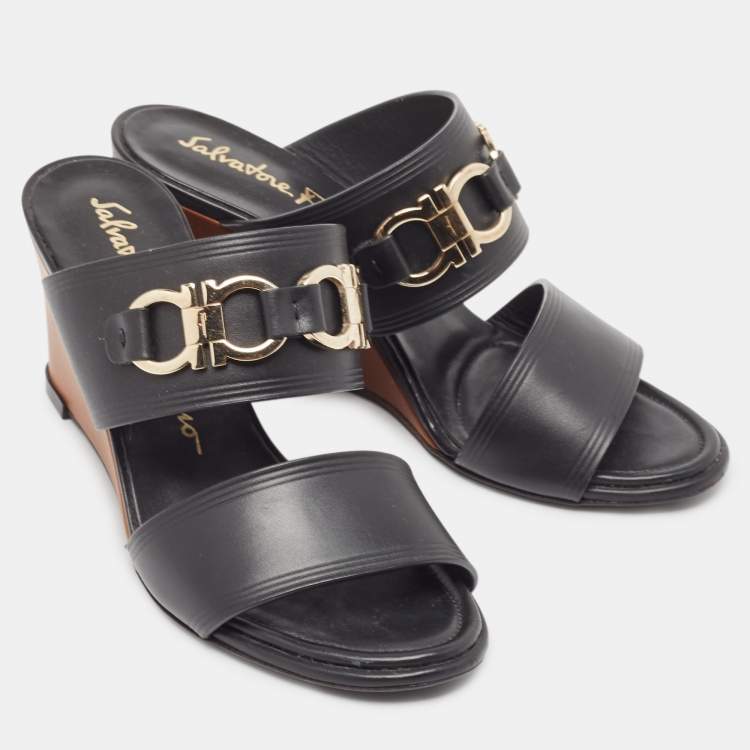 Pre Owned Salvatore Ferragamo Black Leather Wedge Sandals Size 37.5