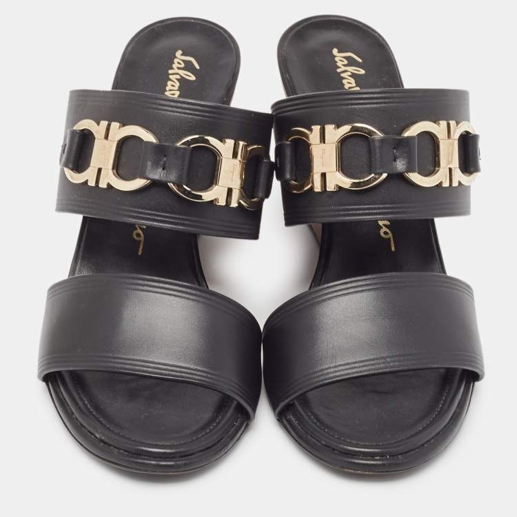 Pre Owned Salvatore Ferragamo Black Leather Wedge Sandals Size 37.5