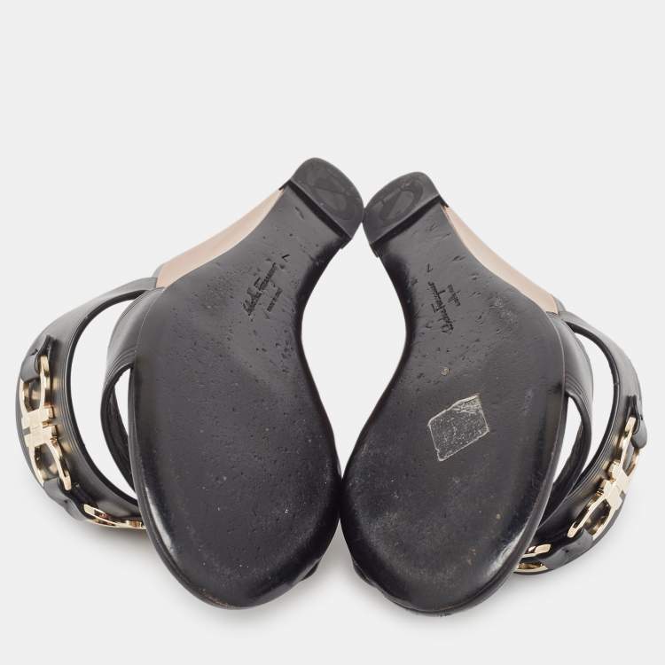 Pre Owned Salvatore Ferragamo Black Leather Wedge Sandals Size 37.5