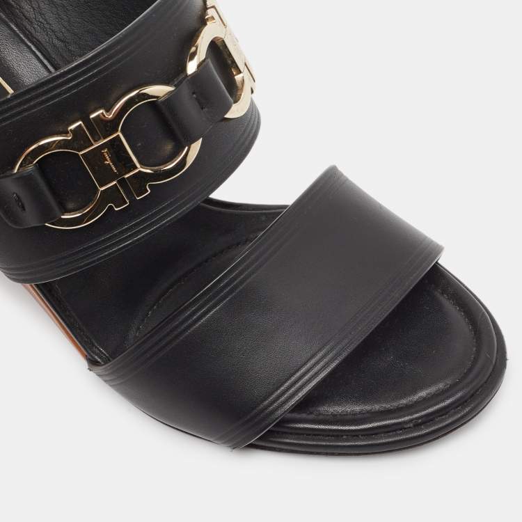 Pre Owned Salvatore Ferragamo Black Leather Wedge Sandals Size 37.5