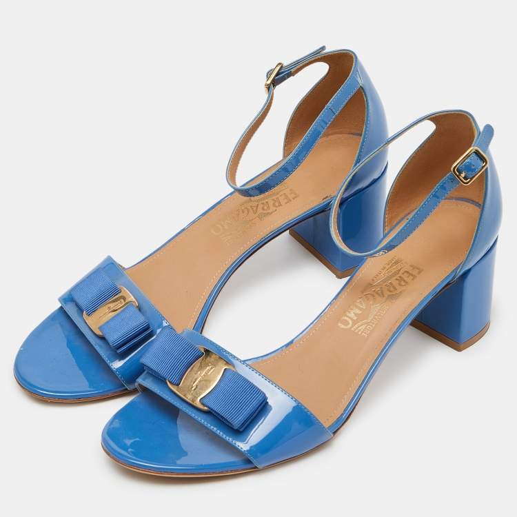 Pre Owned Salvatore Ferragamo Blue Patent Leather Block Heel Ankle Sandals Size 40