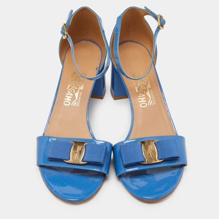 Pre Owned Salvatore Ferragamo Blue Patent Leather Block Heel Ankle Sandals Size 40