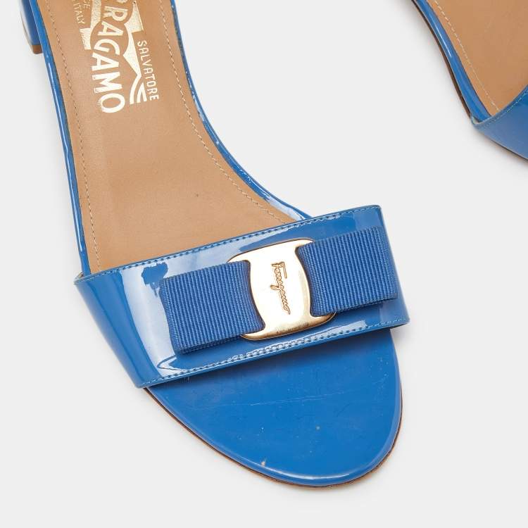 Pre Owned Salvatore Ferragamo Blue Patent Leather Block Heel Ankle Sandals Size 40