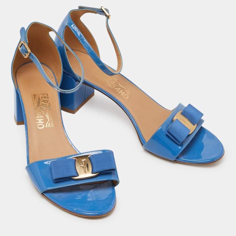 Pre Owned Salvatore Ferragamo Blue Patent Leather Block Heel Ankle Sandals Size 40