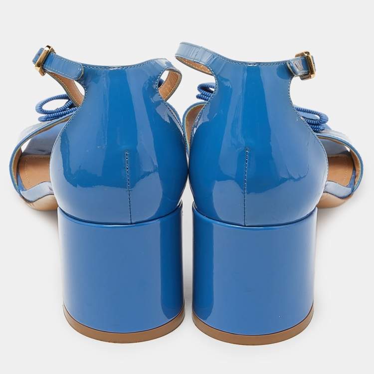 Pre Owned Salvatore Ferragamo Blue Patent Leather Block Heel Ankle Sandals Size 40