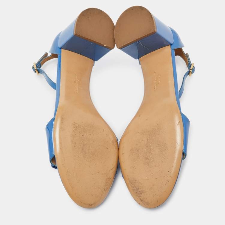 Pre Owned Salvatore Ferragamo Blue Patent Leather Block Heel Ankle Sandals Size 40