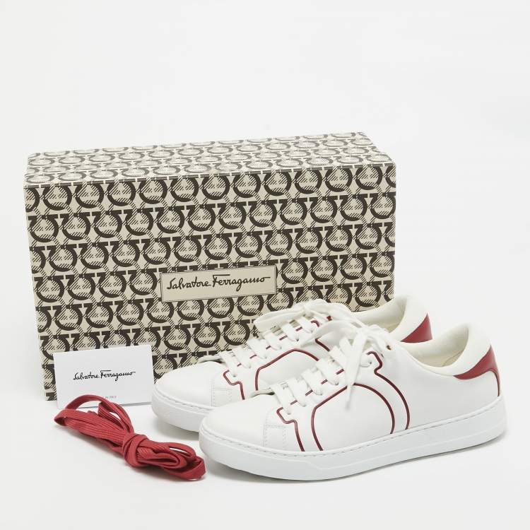 Pre Owned Ferragamo White/Red Leather Classic Tennis Low Top Sneakers Size 40