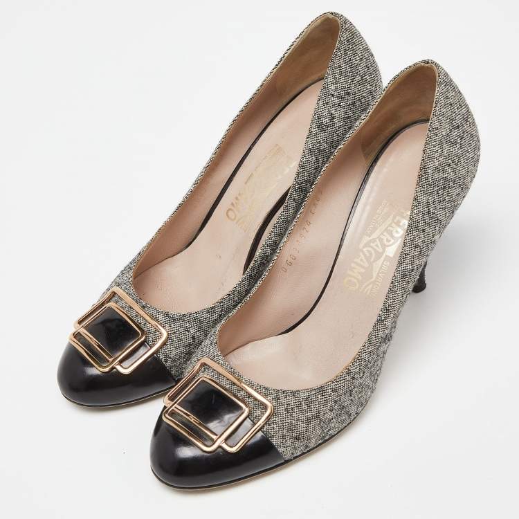 Pre Owned Salvatore Ferragamo Black/Grey Leather and Tweed Buckle Detail Pumps Size 39.5