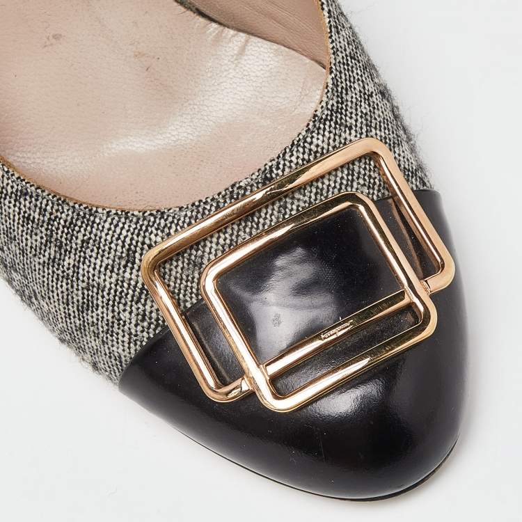 Pre Owned Salvatore Ferragamo Black/Grey Leather and Tweed Buckle Detail Pumps Size 39.5
