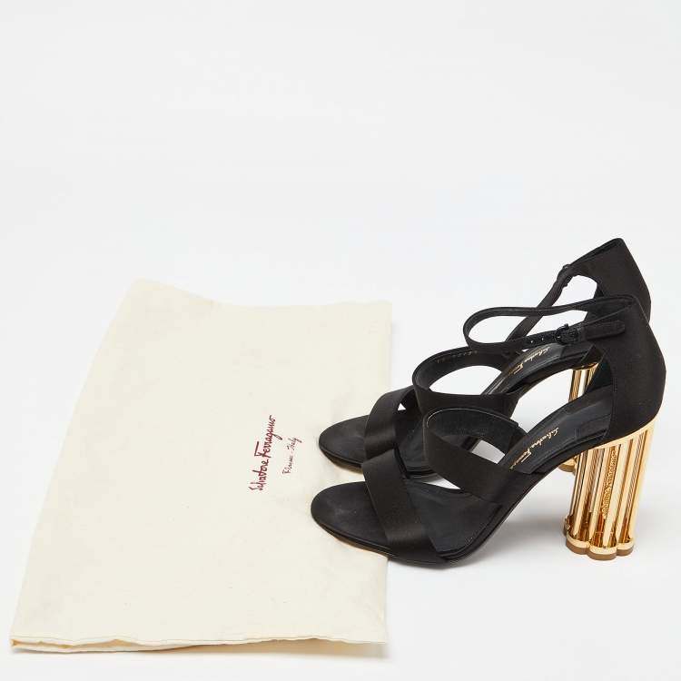 Pre Owned Salvatore Ferragamo Black Satin Ankle Strap Block Heel Sandals Size 39