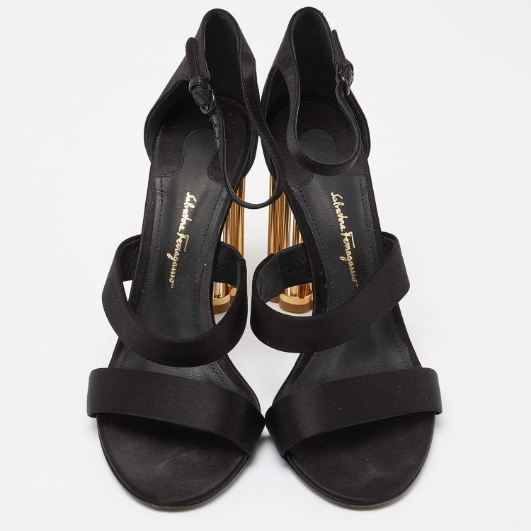 Pre Owned Salvatore Ferragamo Black Satin Ankle Strap Block Heel Sandals Size 39
