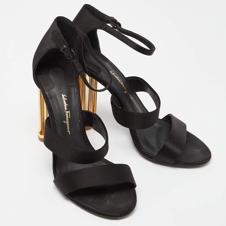 Pre Owned Salvatore Ferragamo Black Satin Ankle Strap Block Heel Sandals Size 39