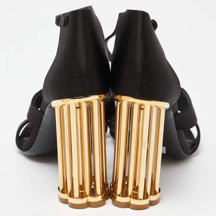 Pre Owned Salvatore Ferragamo Black Satin Ankle Strap Block Heel Sandals Size 39