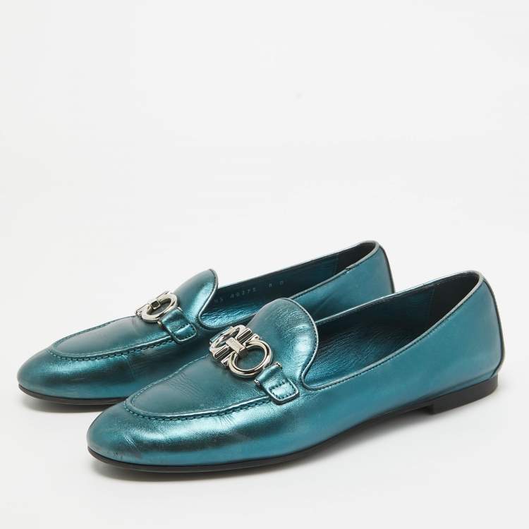 Pre Owned Salvatore Ferragamo Metallic Blue Leather Gancini Loafers Size 38.5