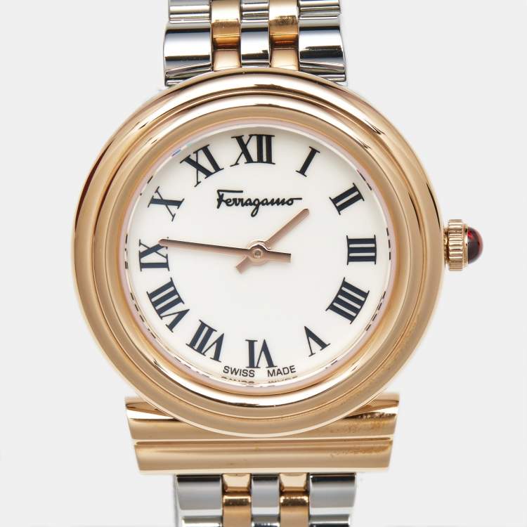 Pre Owned Salvatore Ferragamo White Two-Tone Stainless Steel Gancini SFMV00422 Women's Wristwatch 28 mm