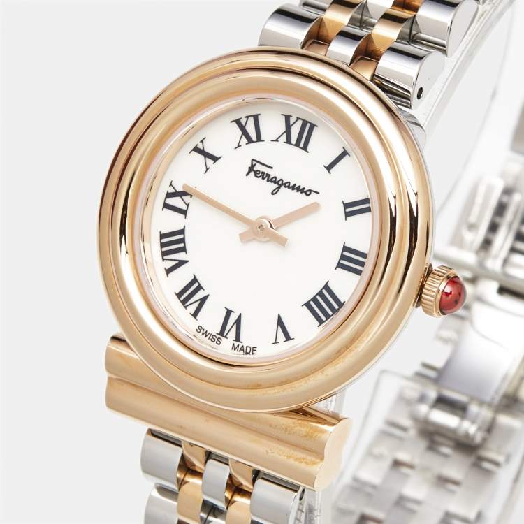 Pre Owned Salvatore Ferragamo White Two-Tone Stainless Steel Gancini SFMV00422 Women's Wristwatch 28 mm