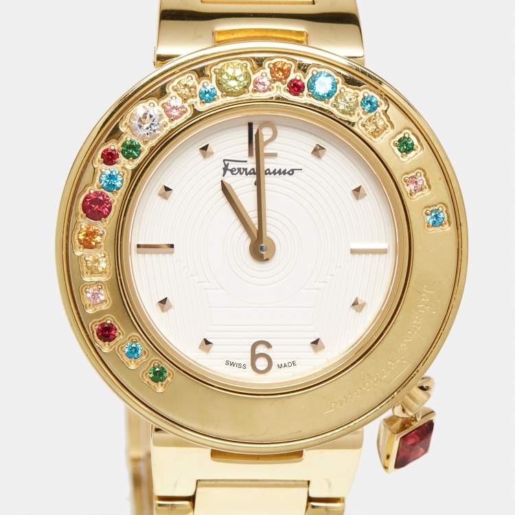 Pre Owned Salvatore Ferragamo White Rose Gold Plated Stainless Steel Gancino FF5020013 Women's Wristwatch 36 mm