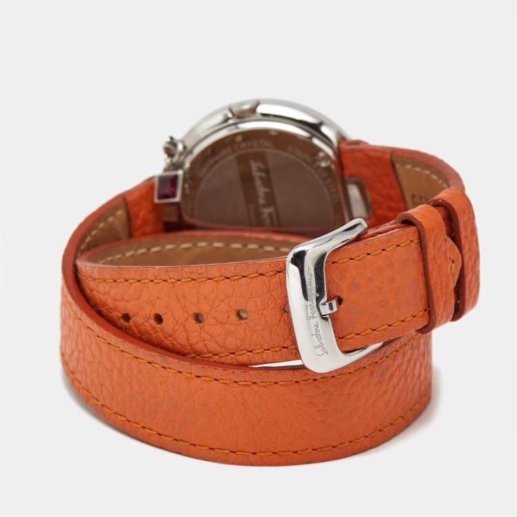 Pre Owned Salvatore Ferragamo Gancino Sparkling F64 Silver White Dial Stainless Steel Leather Women's Wristwatch 36.5 mm