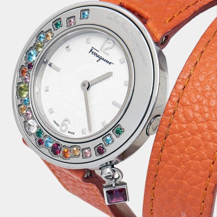 Pre Owned Salvatore Ferragamo Gancino Sparkling F64 Silver White Dial Stainless Steel Leather Women's Wristwatch 36.5 mm