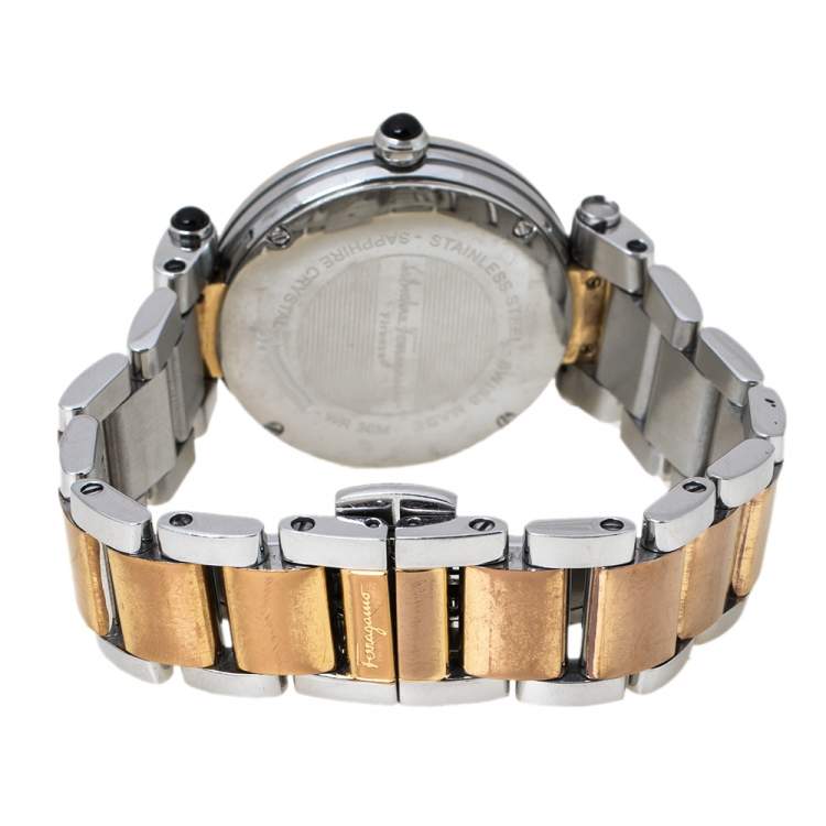 Pre Owned Salvatore Ferragamo Mother of Pearl Two-Tone Stainless Steel Idillio F76 Women's Wristwatch 34 mm