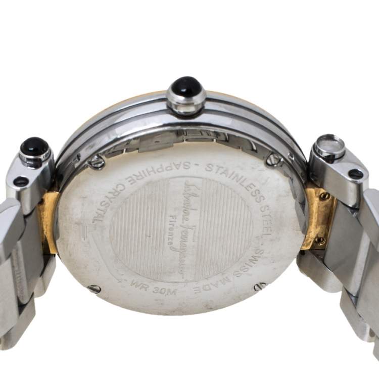 Pre Owned Salvatore Ferragamo Mother of Pearl Two-Tone Stainless Steel Idillio F76 Women's Wristwatch 34 mm