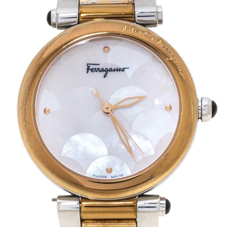 Pre Owned Salvatore Ferragamo Mother of Pearl Two-Tone Stainless Steel Idillio F76 Women's Wristwatch 34 mm