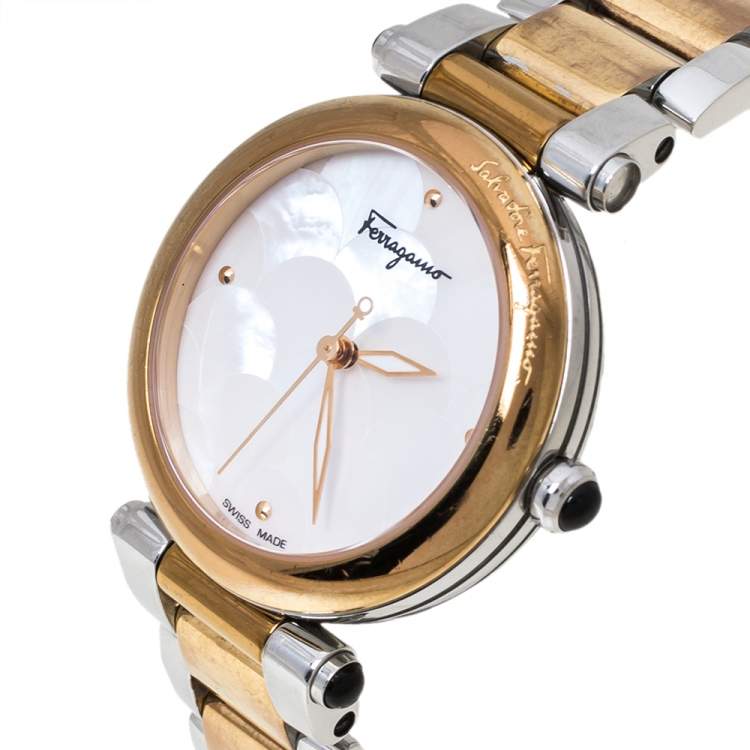 Pre Owned Salvatore Ferragamo Mother of Pearl Two-Tone Stainless Steel Idillio F76 Women's Wristwatch 34 mm