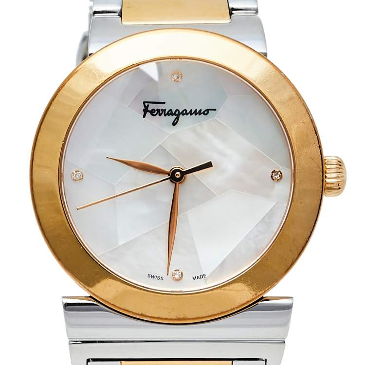 Pre Owned Salvatore Ferragamo Mother Of Pearl Two-Tone Stainless Steel Grande Maison FG2 Women's Wristwatch 33 mm