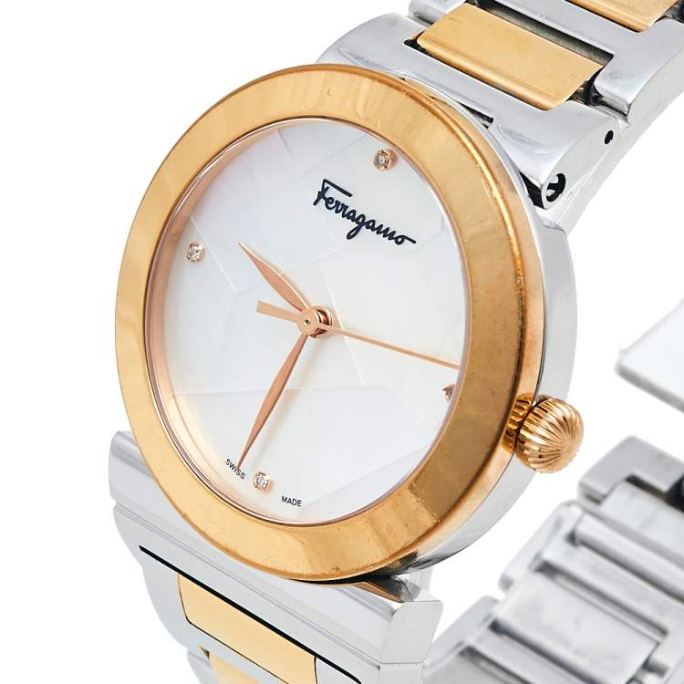 Pre Owned Salvatore Ferragamo Mother Of Pearl Two-Tone Stainless Steel Grande Maison FG2 Women's Wristwatch 33 mm