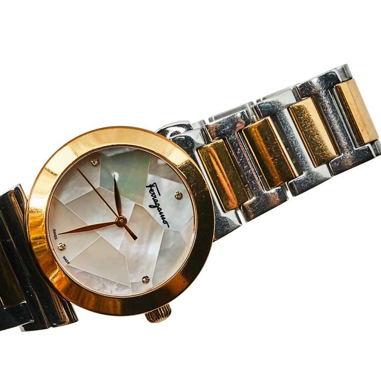 Pre Owned Salvatore Ferragamo Mother Of Pearl Two-Tone Stainless Steel Grande Maison FG2 Women's Wristwatch 33 mm