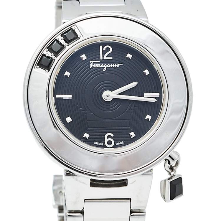 Pre Owned Salvatore Ferragamo Black Stainless Steel Gancino Sparkling F64 Women's Wristwatch 36 mm