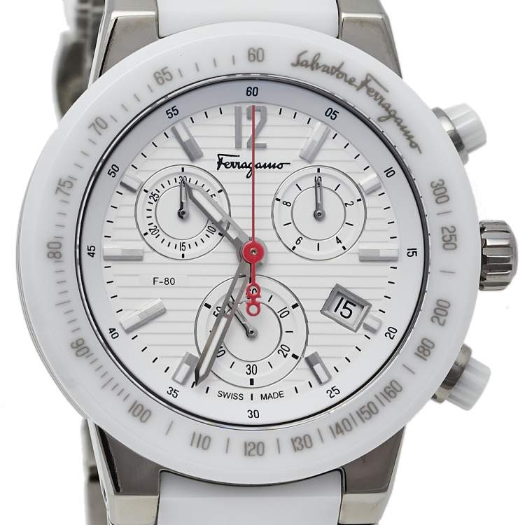Pre Owned Salvatore Ferragamo White Ceramic And Titanium F-80 Women's Wristwatch 38 mm