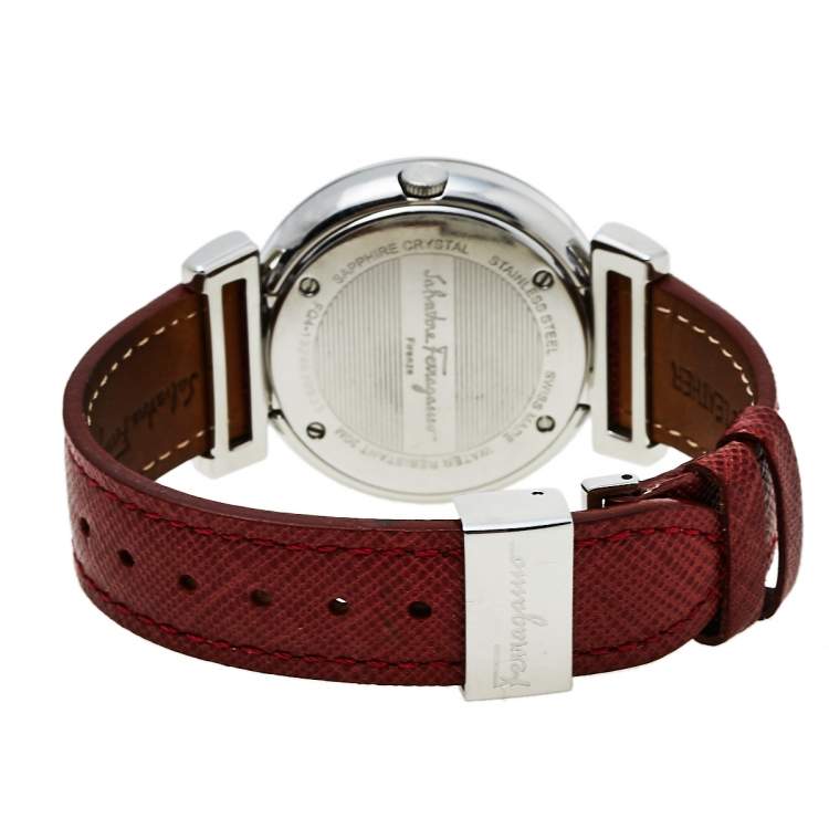 Pre Owned Salvatore Ferragamo Silver Stainless Steel Leather Minuetto FQ4020013 Women's Wristwatch 37 mm
