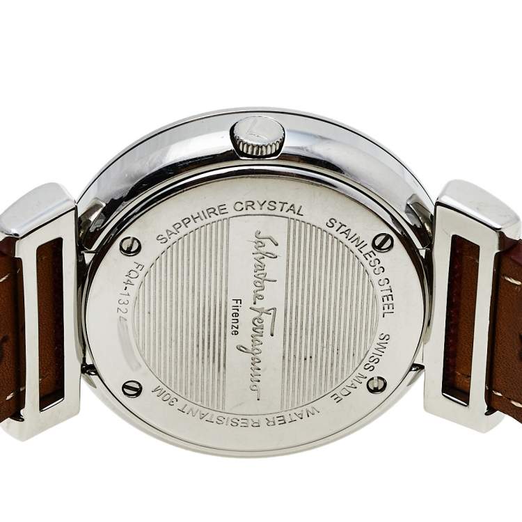 Pre Owned Salvatore Ferragamo Silver Stainless Steel Leather Minuetto FQ4020013 Women's Wristwatch 37 mm