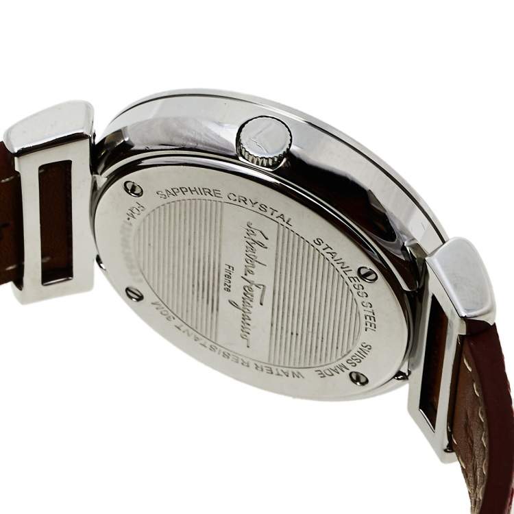 Pre Owned Salvatore Ferragamo Silver Stainless Steel Leather Minuetto FQ4020013 Women's Wristwatch 37 mm