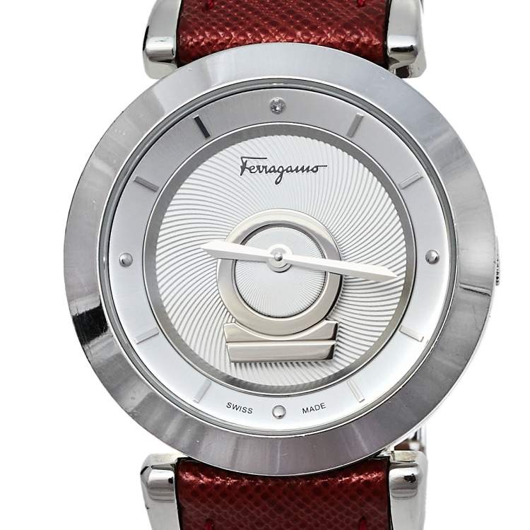 Pre Owned Salvatore Ferragamo Silver Stainless Steel Leather Minuetto FQ4020013 Women's Wristwatch 37 mm