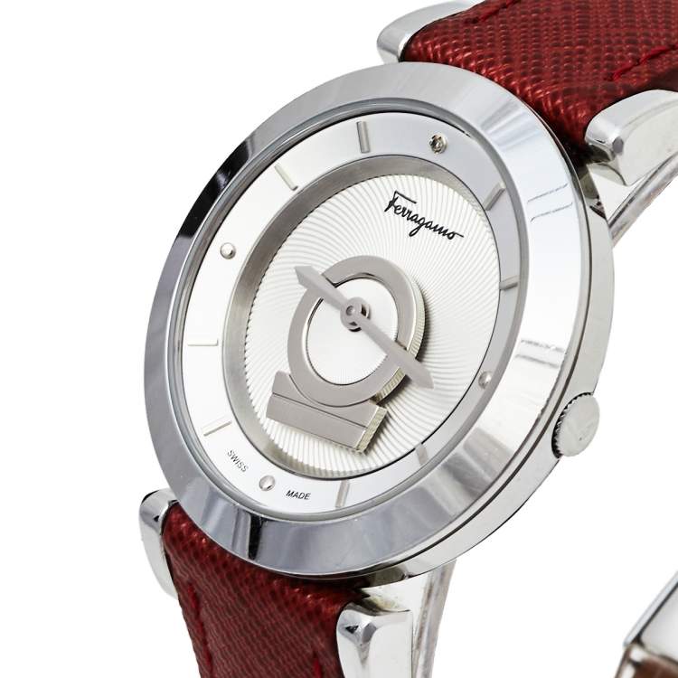 Pre Owned Salvatore Ferragamo Silver Stainless Steel Leather Minuetto FQ4020013 Women's Wristwatch 37 mm